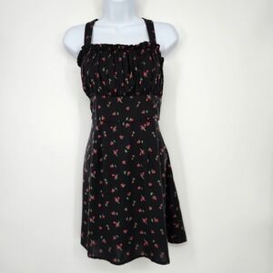 Black Red Ditsy Floral Babydoll Milkmaid Dress Size XL Coquette Ruffle Rose